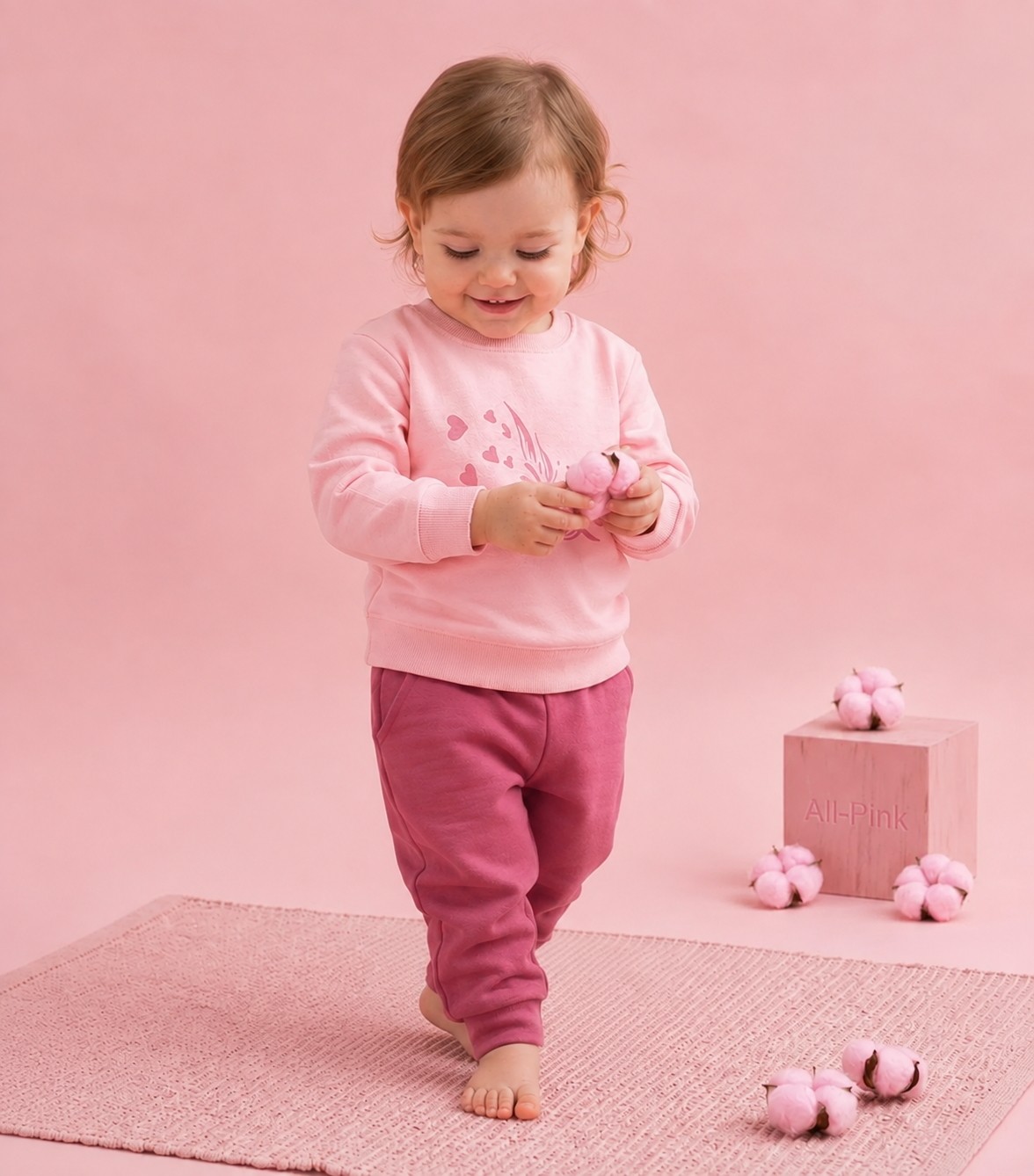 A toddler girl walking barefoot on a pink rug, wearing a light pink long-sleeve top with a heart pattern and dusty rose pants. She is holding a pink cotton boll toy in a studio setting with a pink background and a pink box.