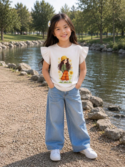 Girls White Ruffle Sleeve Cartoon Graphic T-Shirt || 20%OFF