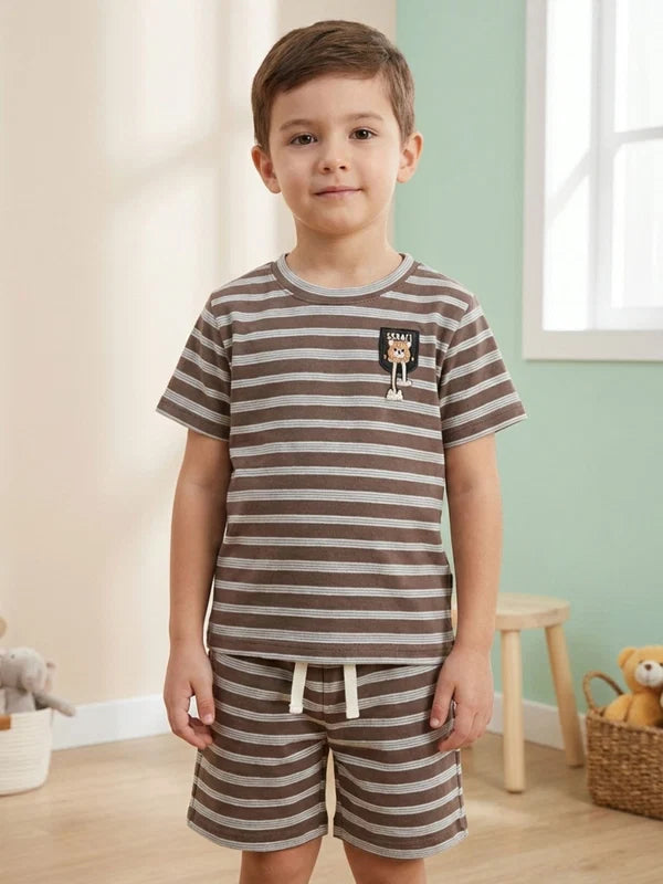 Bear Luck Brown & White Striped Tee & Shorts Set Comfortable Crewneck Lounge Wear