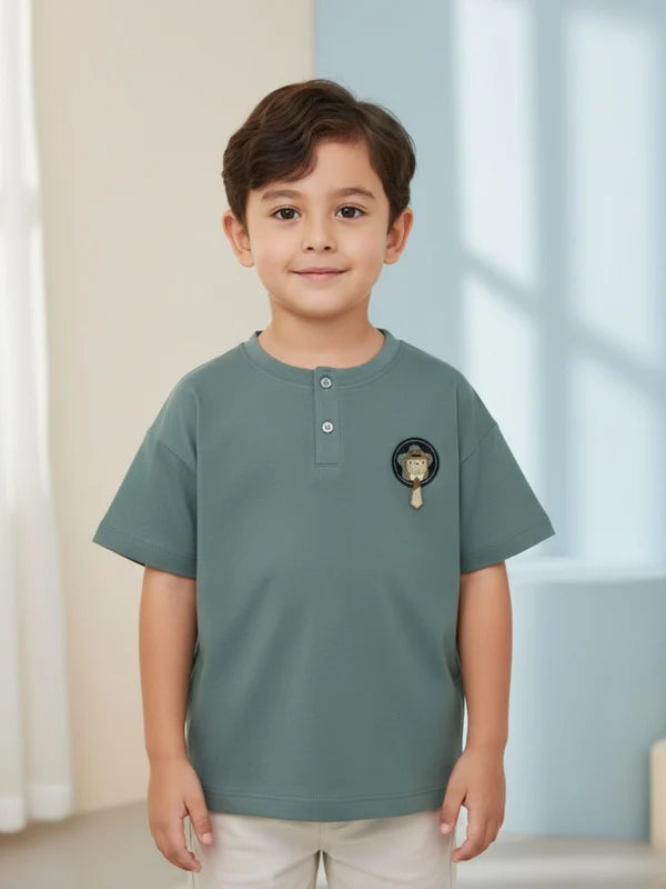 Sage Green Cotton Henley T-Shirt for Baby & Young Boys with Chest Graphic