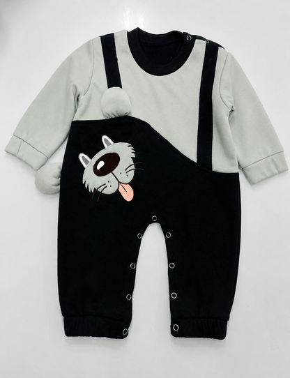 Baby Boy Romper Black & Grey | Cute Dog Face Full Sleeve Baby Romper