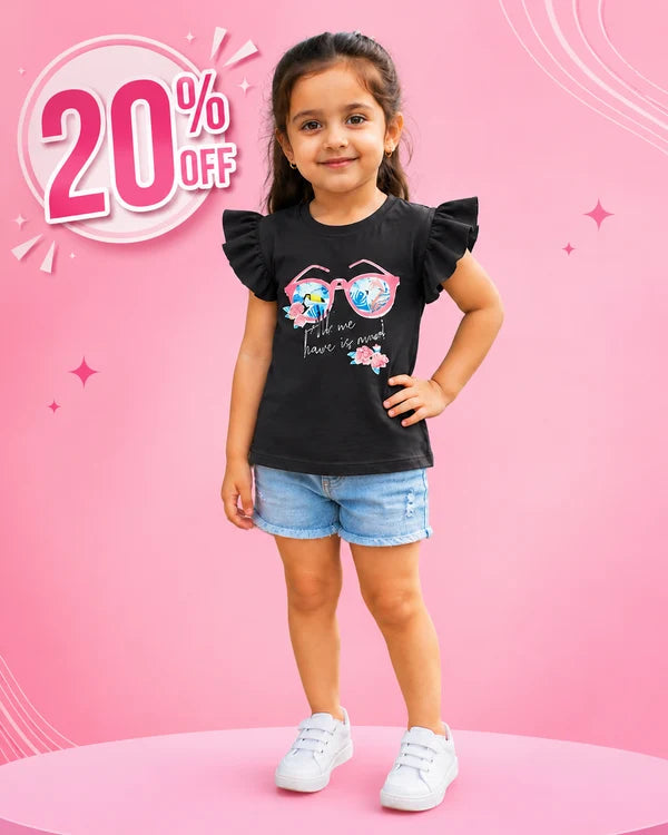 Girls Black Ruffle Sleeve Graphic T-Shirt || 20% OFF