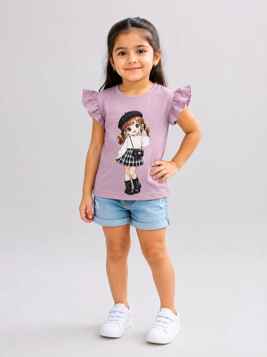 Girls Pink Ruffle Sleeve Cartoon Graphic T-Shirt - 20% OFF