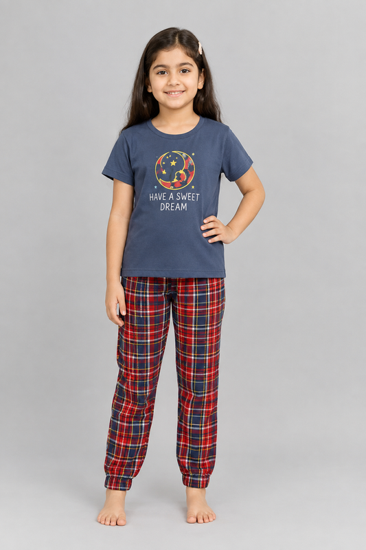 Girls Night Suit – Navy Blue T-Shirt & Red Plaid Pajama Set