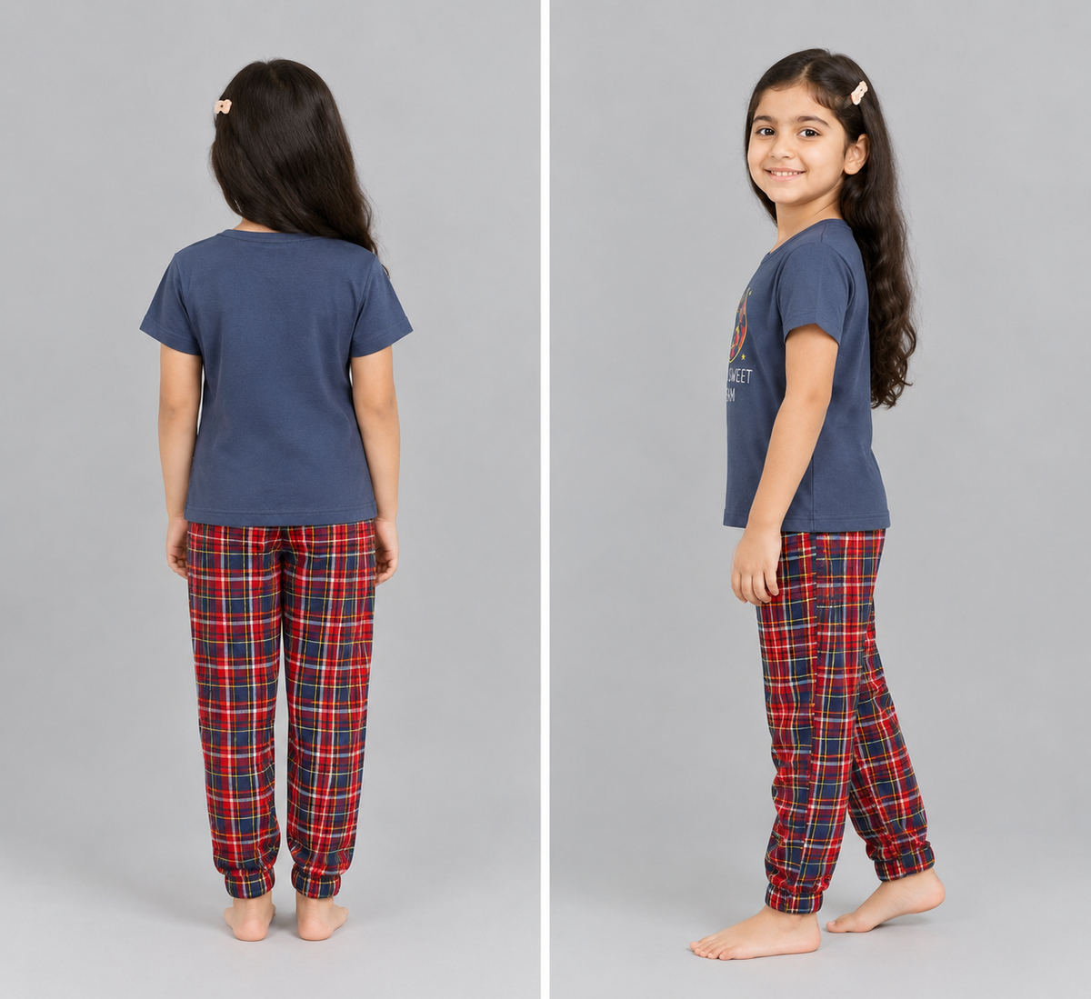 Girls Night Suit – Navy Blue T-Shirt & Red Plaid Pajama Set