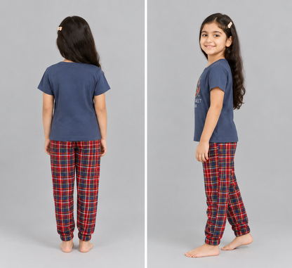 Girls Night Suit – Navy Blue T-Shirt & Red Plaid Pajama Set