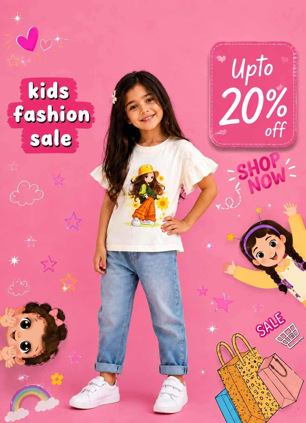 Girls White Ruffle Sleeve Cartoon Graphic T-Shirt  || 20%OFF