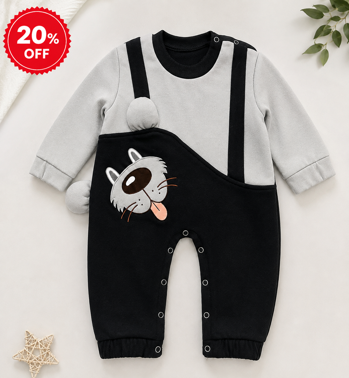 Baby Boy Romper Black & Grey | Cute Dog Face Full Sleeve Baby Romper