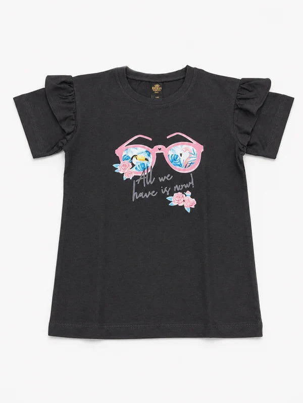 Girls Black Ruffle Sleeve Graphic T-Shirt || 20% OFF