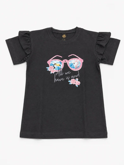 Girls Black Ruffle Sleeve Graphic T-Shirt || 20% OFF