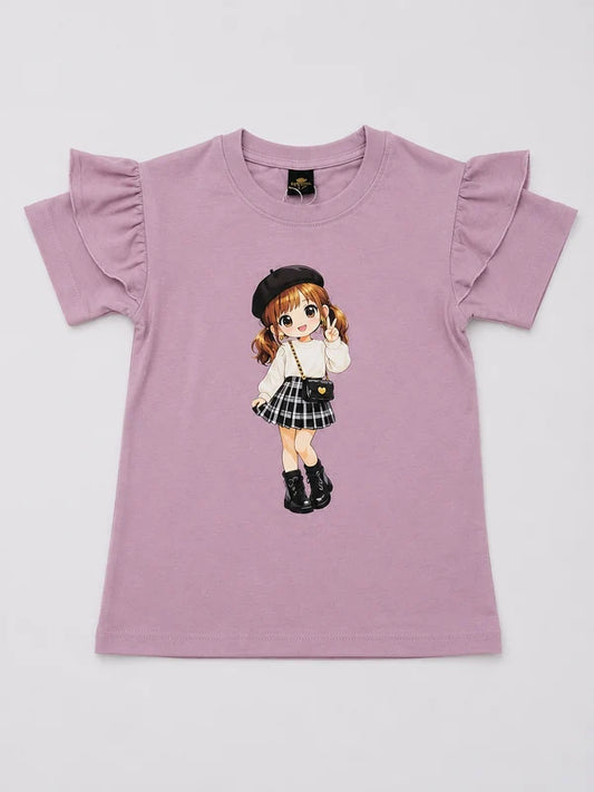 Girls Pink Ruffle Sleeve Cartoon Graphic T-Shirt - 20% OFF