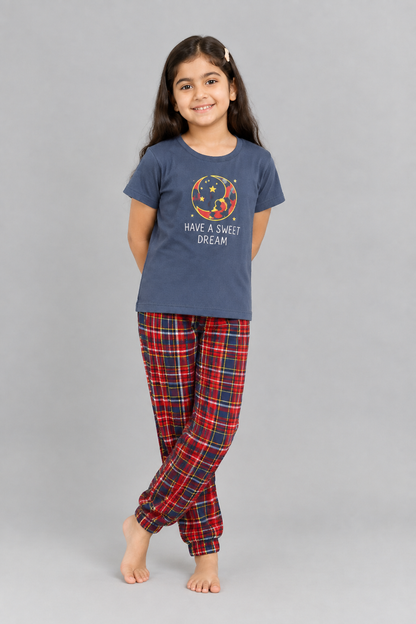 Girls Night Suit – Navy Blue T-Shirt & Red Plaid Pajama Set