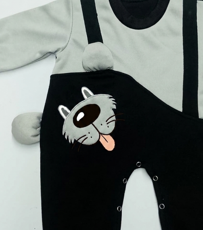 Baby Boy Romper Black & Grey | Cute Dog Face Full Sleeve Baby Romper