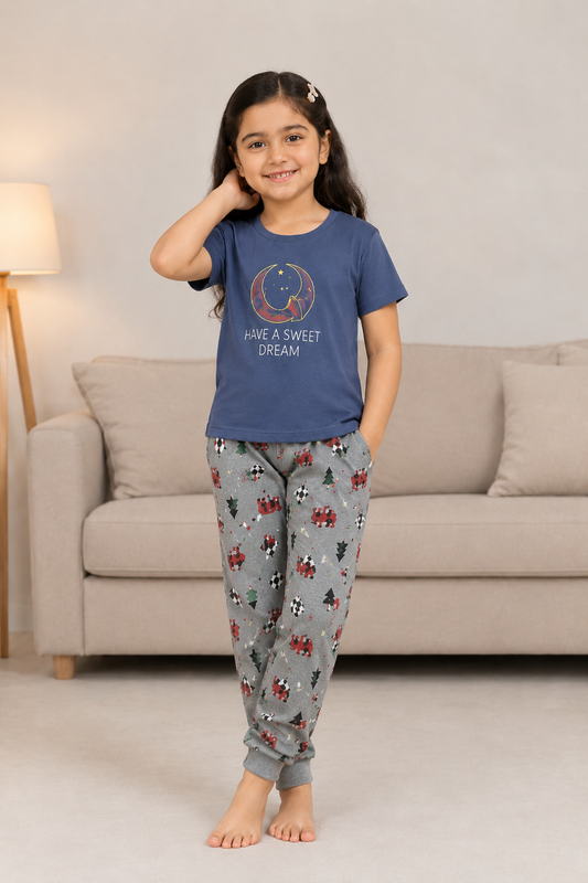 Girl wearing a blue short-sleeve pajama top with a smiley face graphic and the words 'HAVE A SWEET DREAM' paired with gray patterned pajama pants featuring red, green, and white motifs.