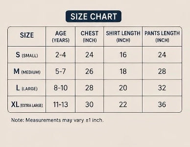 A size chart table showing measurements for sizes S through XL, with age ranges, chest length in inches, shirt length in inches, and pants length in inches, on a light beige background.