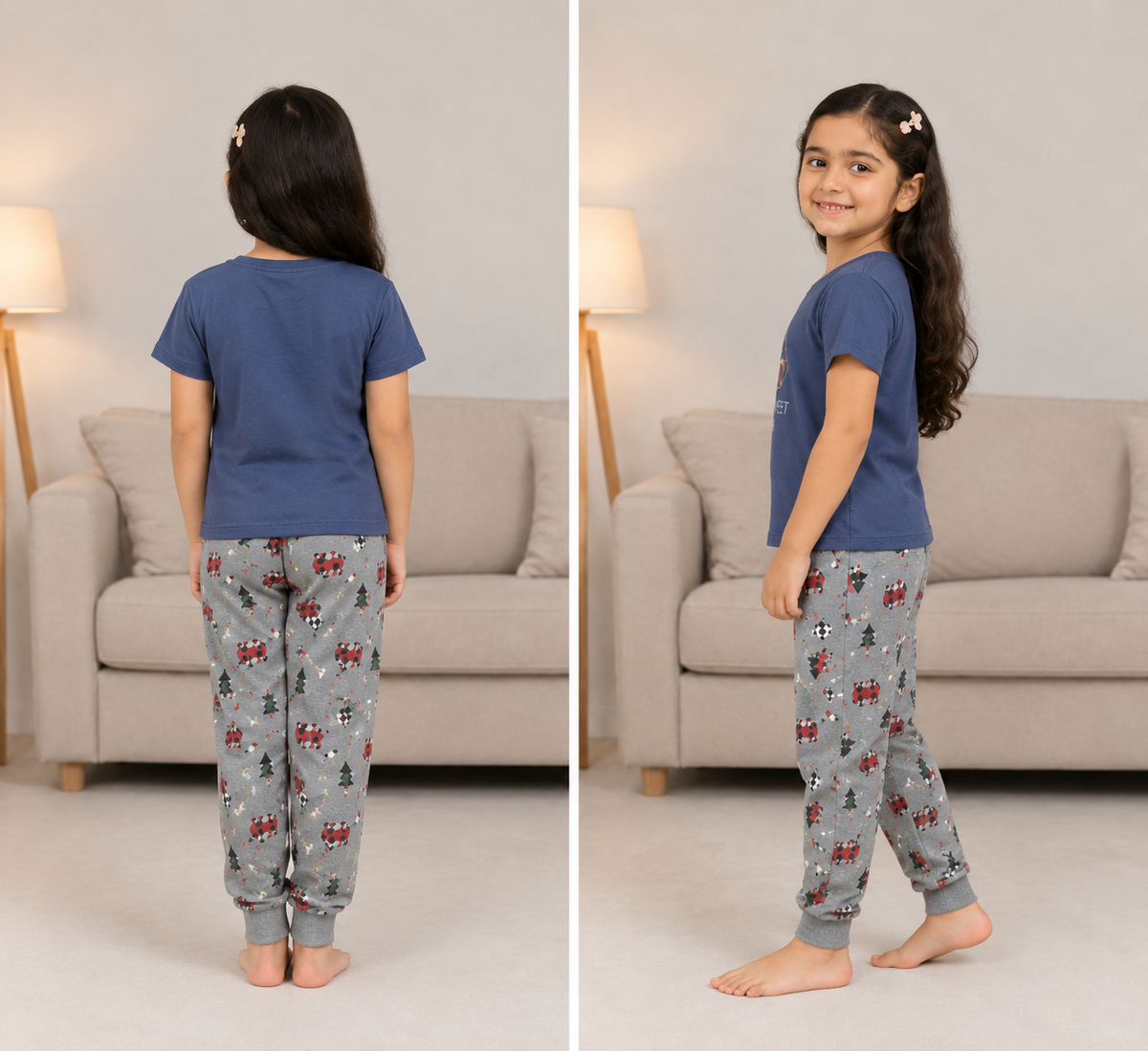 A child model shown in a split front-and-back view wearing a blue short-sleeve pajama top and gray patterned pajama pants in a living room setting.