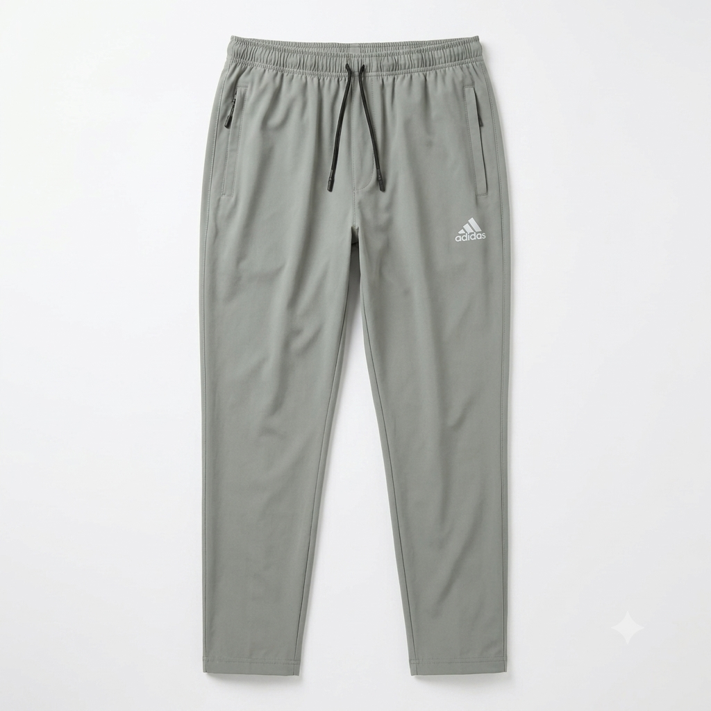 A pair of light gray Adidas jogger pants with a white logo on the left thigh, displayed flat against a clean white background.