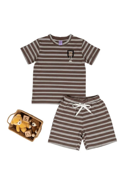 Bear Luck Brown & White Striped Tee & Shorts Set Comfortable Crewneck Lounge Wear