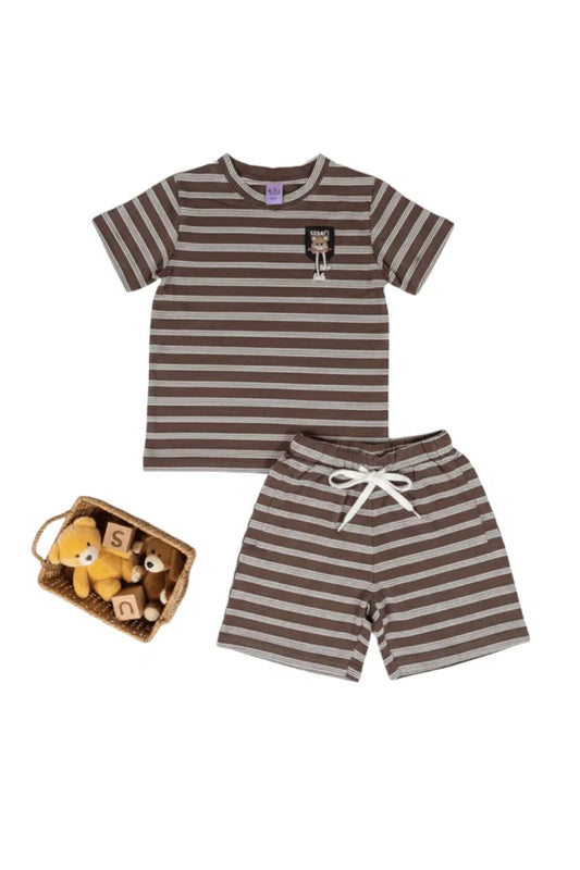 Bear Luck Brown & White Striped Tee & Shorts Set Comfortable Crewneck Lounge Wear