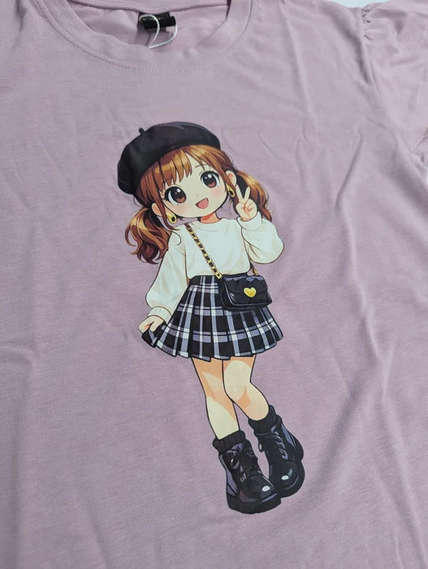 Girls Pink Ruffle Sleeve Cartoon Graphic T-Shirt - 20% OFF