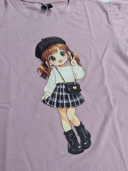 Girls Pink Ruffle Sleeve Cartoon Graphic T-Shirt - 20% OFF