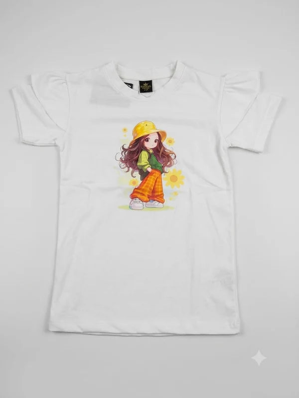 Girls White Ruffle Sleeve Cartoon Graphic T-Shirt  || 20%OFF