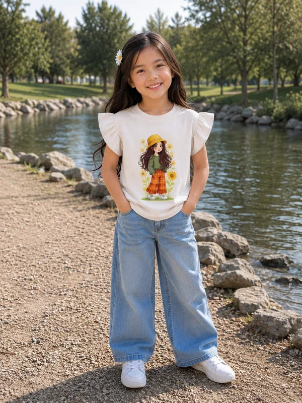 Girls White Ruffle Sleeve Cartoon Graphic T-Shirt  || 20%OFF