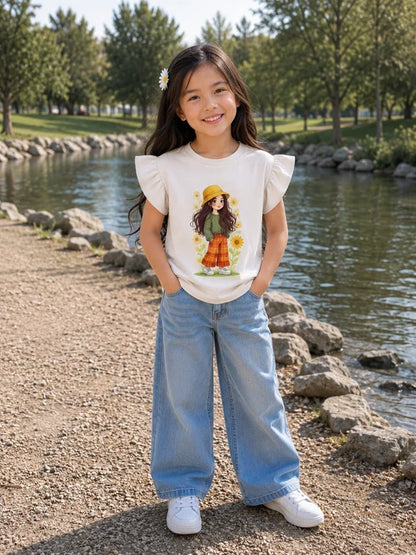 Girls White Ruffle Sleeve Cartoon Graphic T-Shirt  || 20%OFF