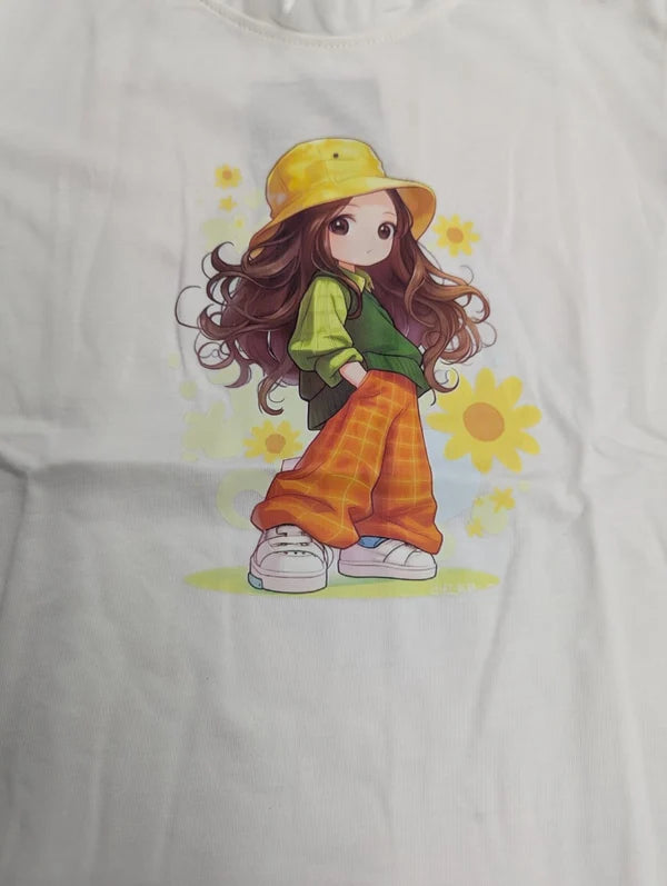 Girls White Ruffle Sleeve Cartoon Graphic T-Shirt  || 20%OFF