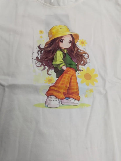 Girls White Ruffle Sleeve Cartoon Graphic T-Shirt  || 20%OFF