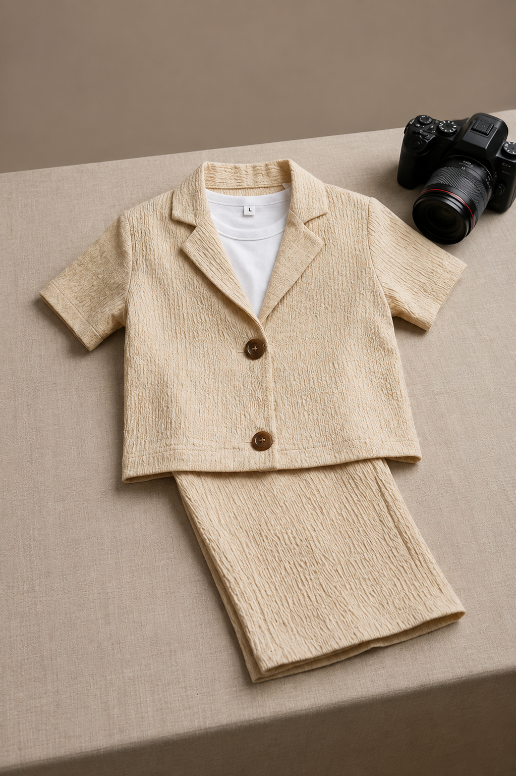 beige textured short-sleeve blazer and matching pant set, styled on a beige fabric surface 