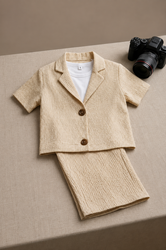 beige textured short-sleeve blazer and matching pant set, styled on a beige fabric surface 