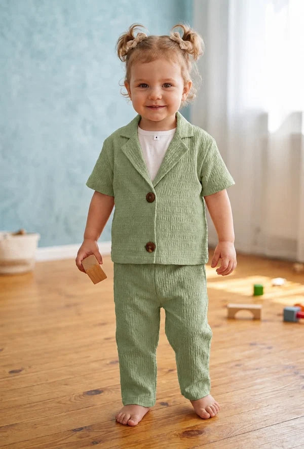 light sage green two-piece corduroy outfit with a short-sleeve button-front jacket and matching pants. 