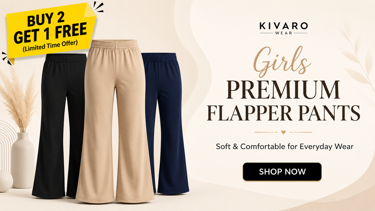 Promotional banner featuring girls premium wide-leg flapper pants in black, beige and navy with a Buy 2 Get 1 Free offer from KIVARO Wear.