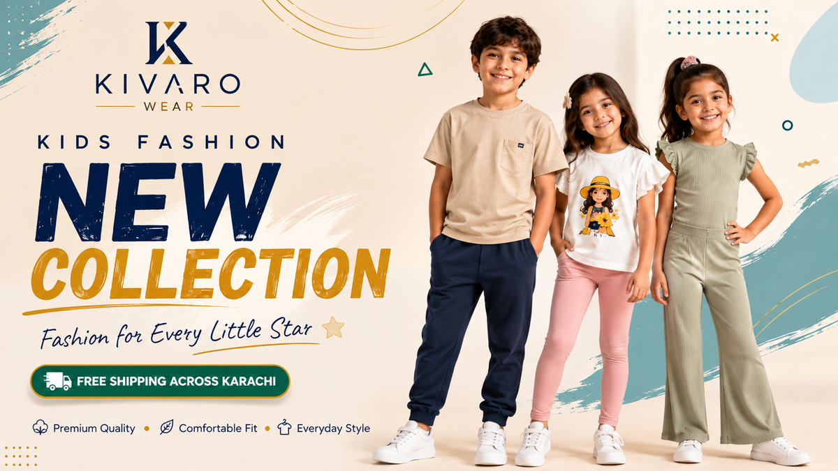 KIVARO Wear kids fashion promotional banner featuring three children wearing casual outfits from the new collection on a cream background.