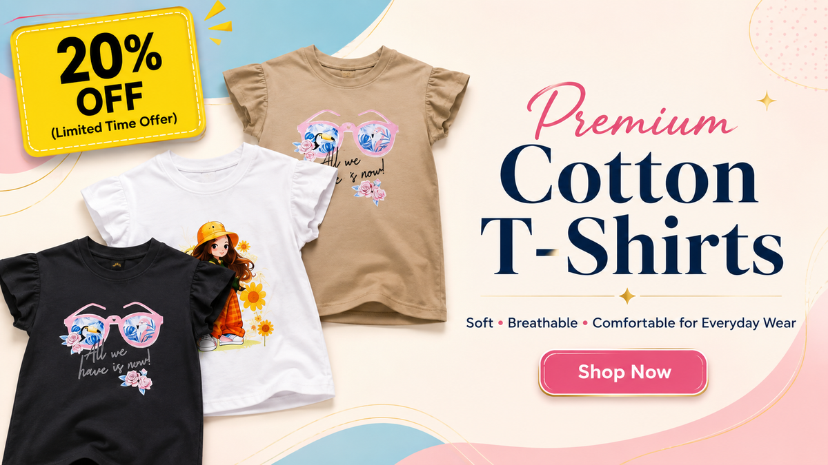 Promotional banner featuring premium cotton T-shirts in black, white and beige with a 20% off limited-time offer from KIVARO Wear.